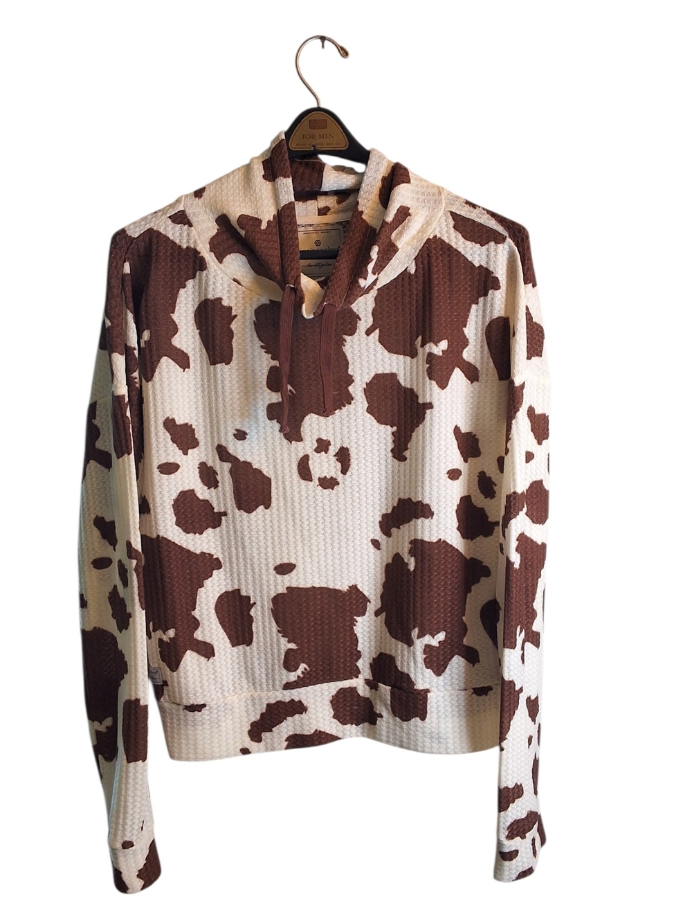 Cow-Print Waffle-Knit Hoodie Sweater Simply Southern XL